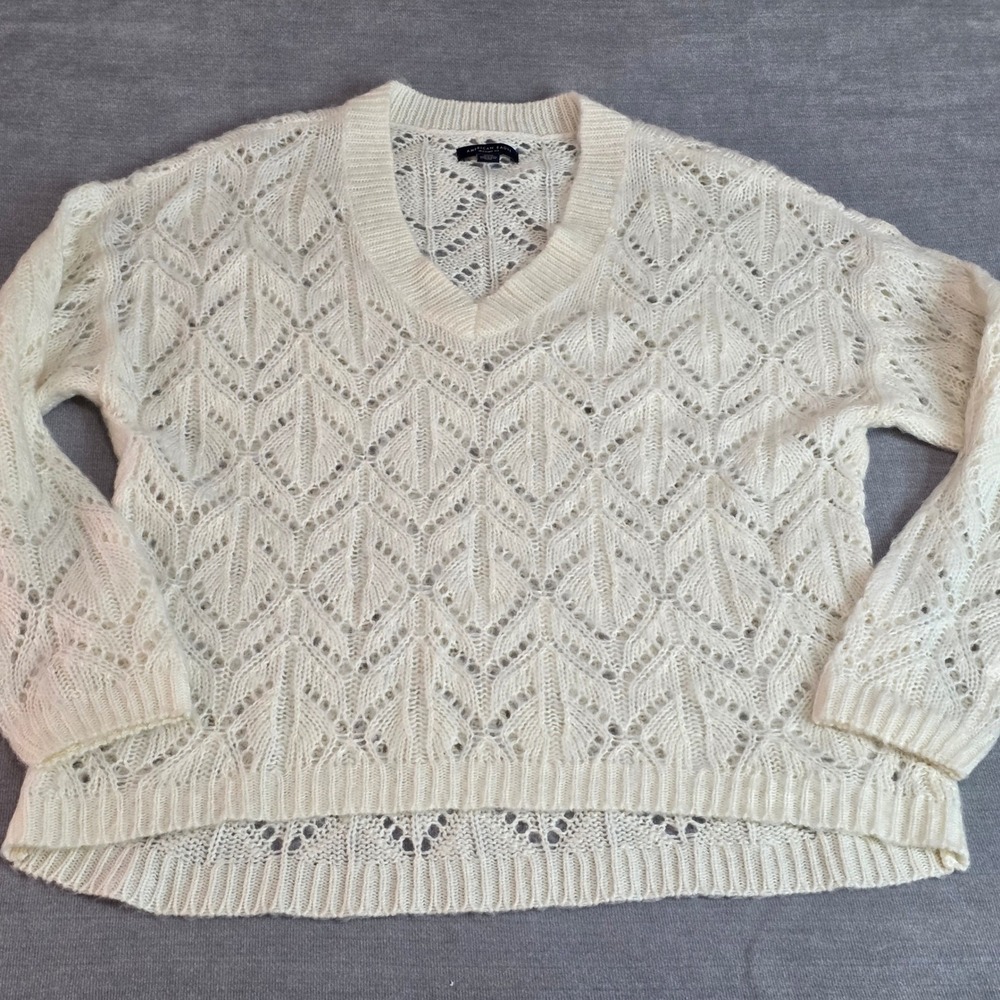 American Eagle Womens Jegging Fit Pointelle Knit V-Neck Sweater Cream White M